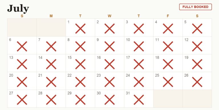 A July calendar with every day crossed out in red and a Fully Booked badge, illustrating a sold-out vacation rental season