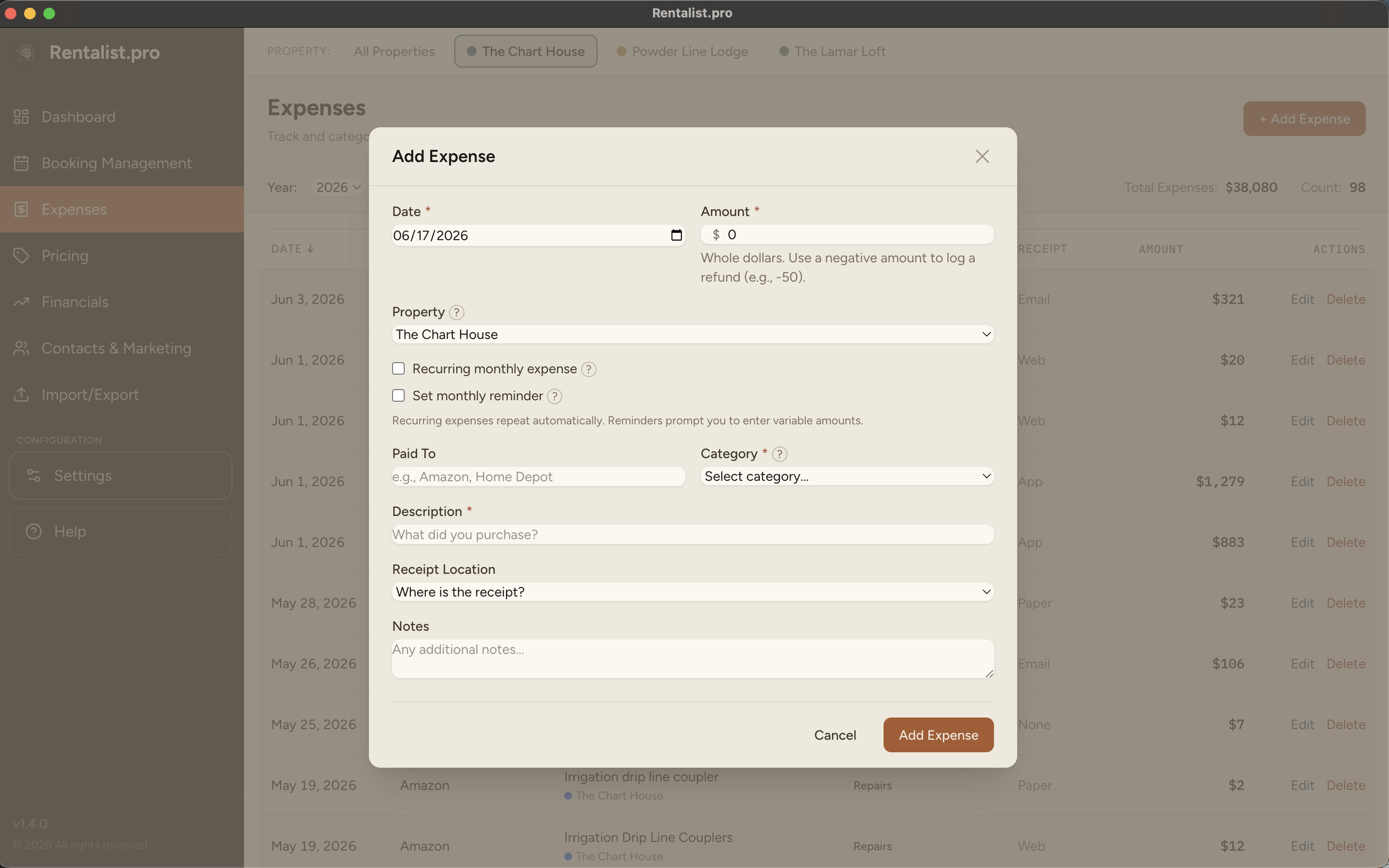 Rentalist Add Expense form showing date, amount, property, paid to, category, and receipt fields