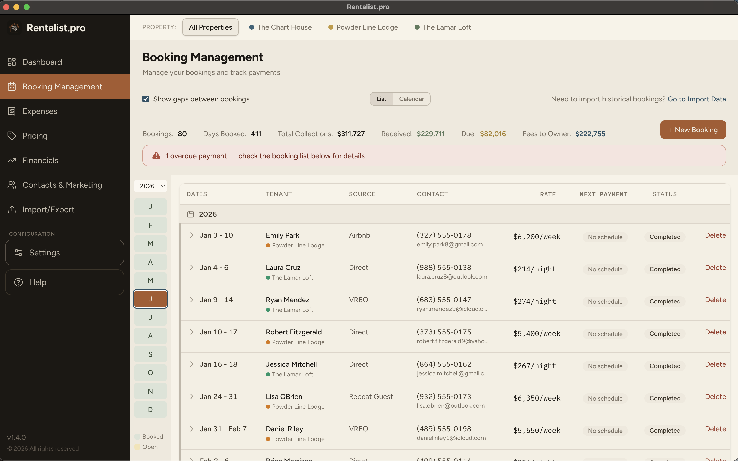 Rentalist Booking Management screen showing property selection, guest payment details, and payment tracking across multiple properties