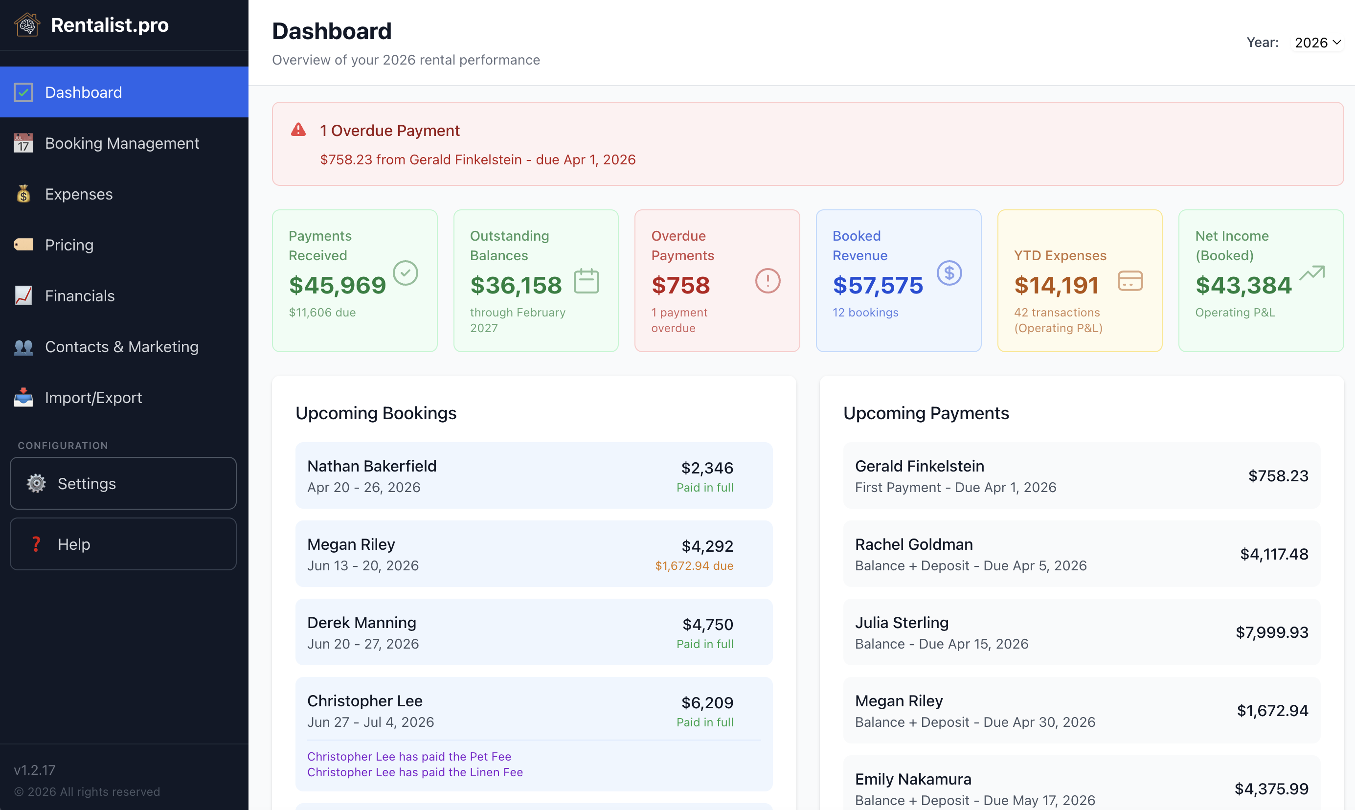 Rentalist Dashboard showing Payments Received, Outstanding Balances, Booked Revenue, YTD Expenses, and Net Income summary cards