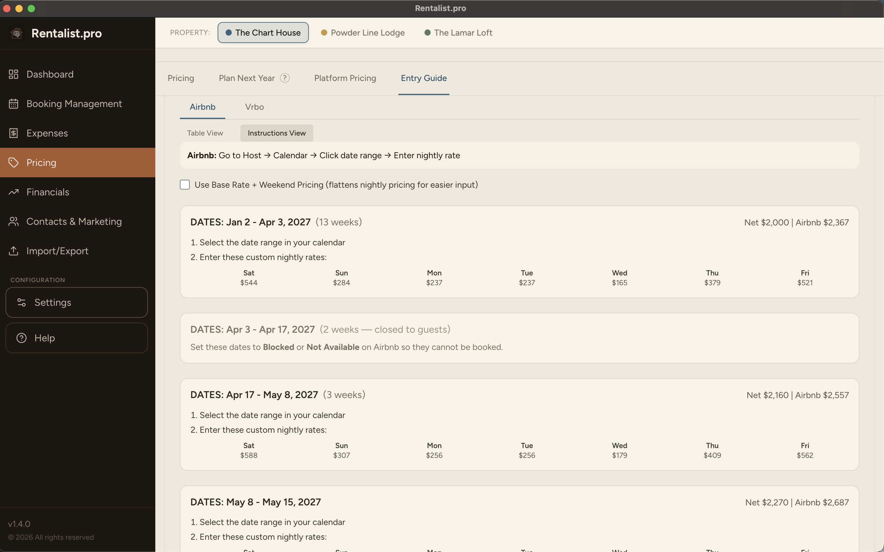 Rentalist Entry Guide showing platform-specific step-by-step instructions for entering nightly rates