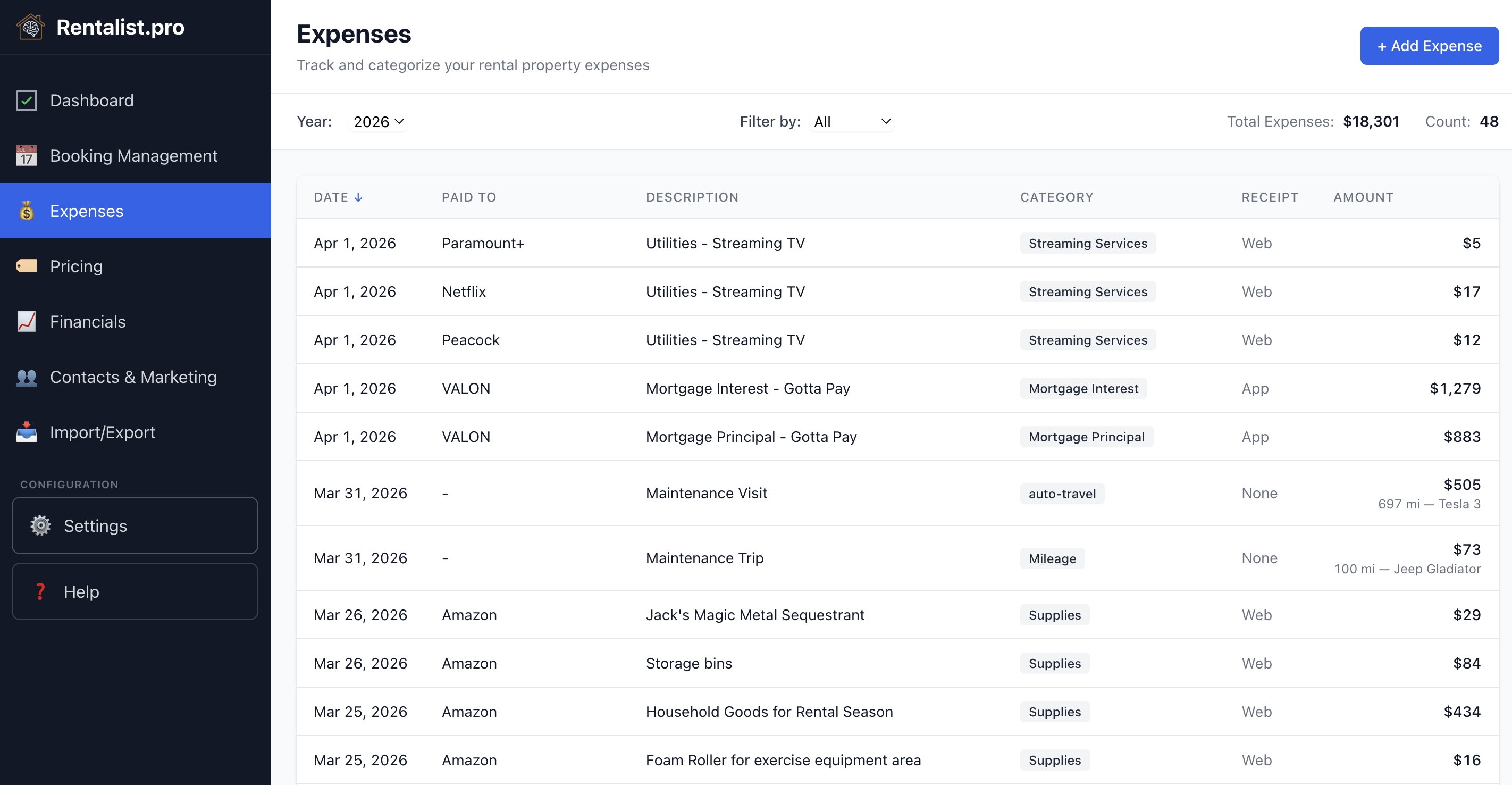 Rentalist Expenses screen showing expenses categorized by IRS deduction category