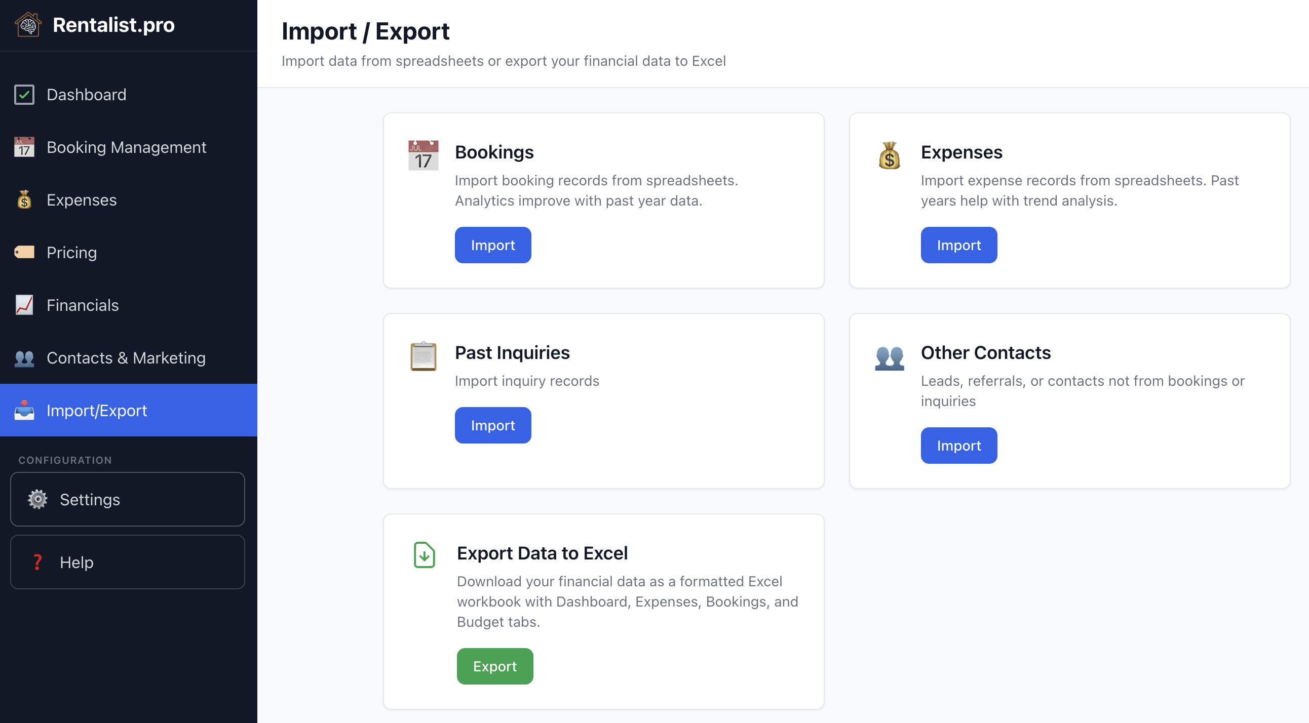 Rentalist Import/Export screen — bring in your existing spreadsheet data