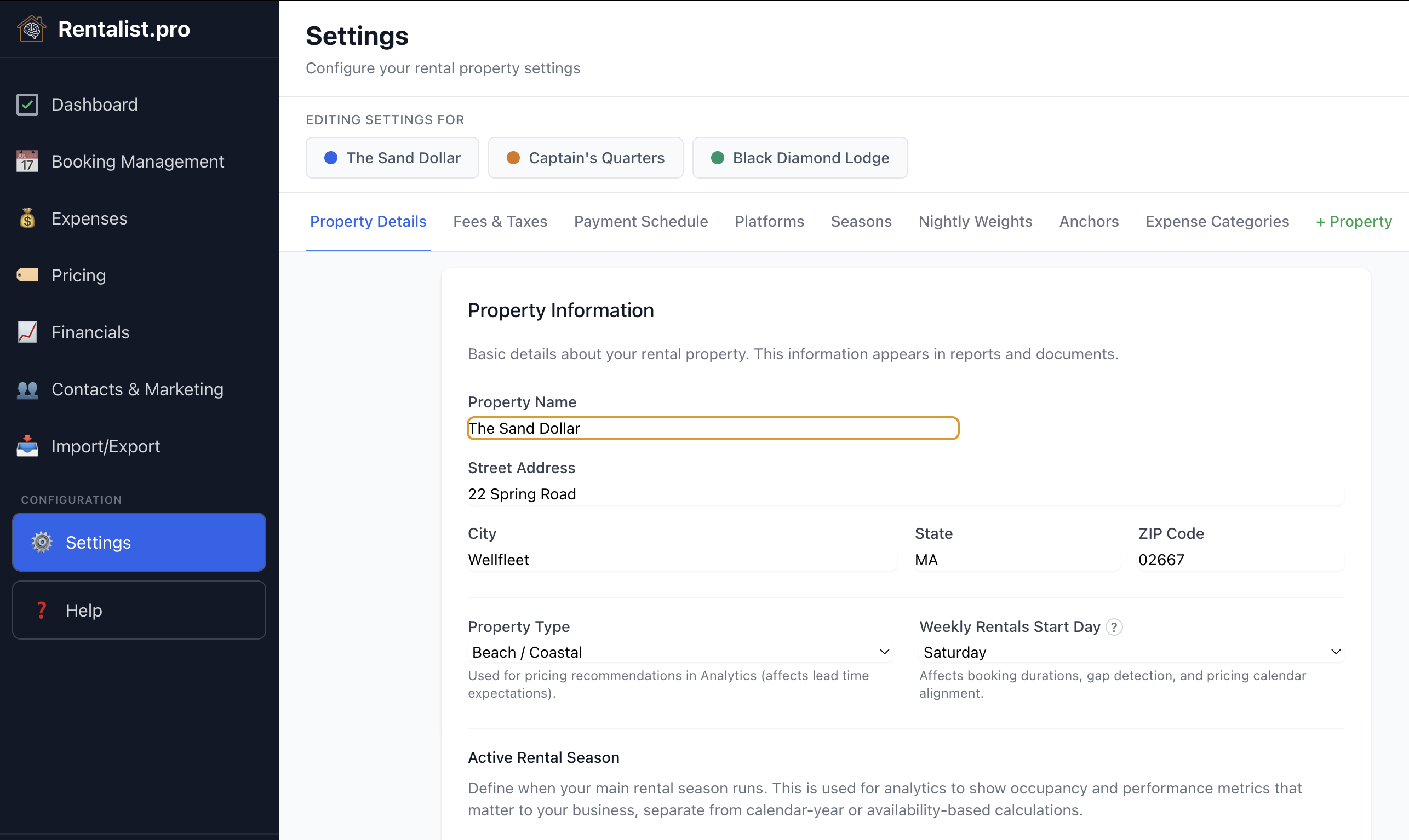 Rentalist Property Settings showing property configuration for three properties