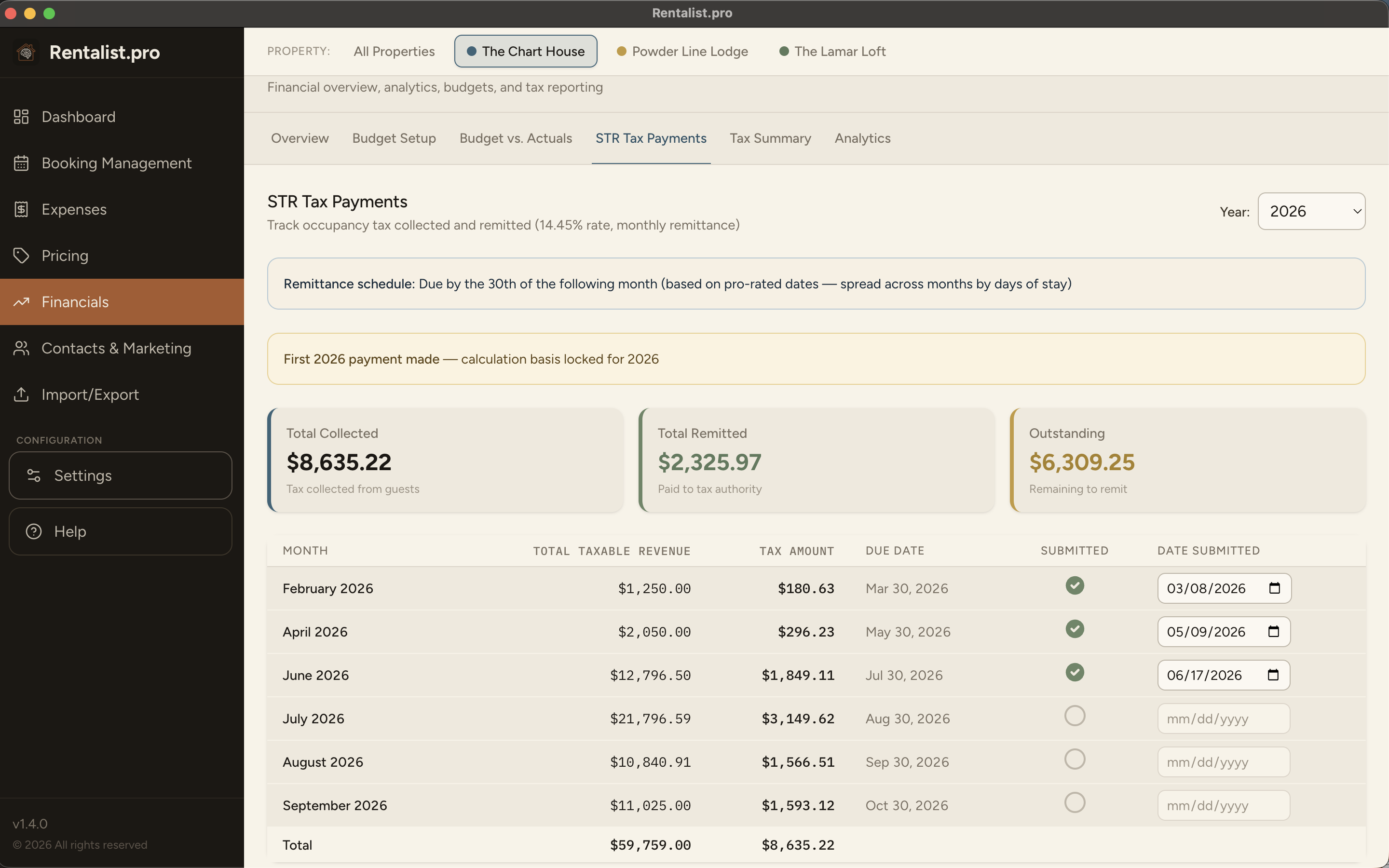 Rentalist STR Tax Payments screen showing occupancy tax collected, remitted, and outstanding by period