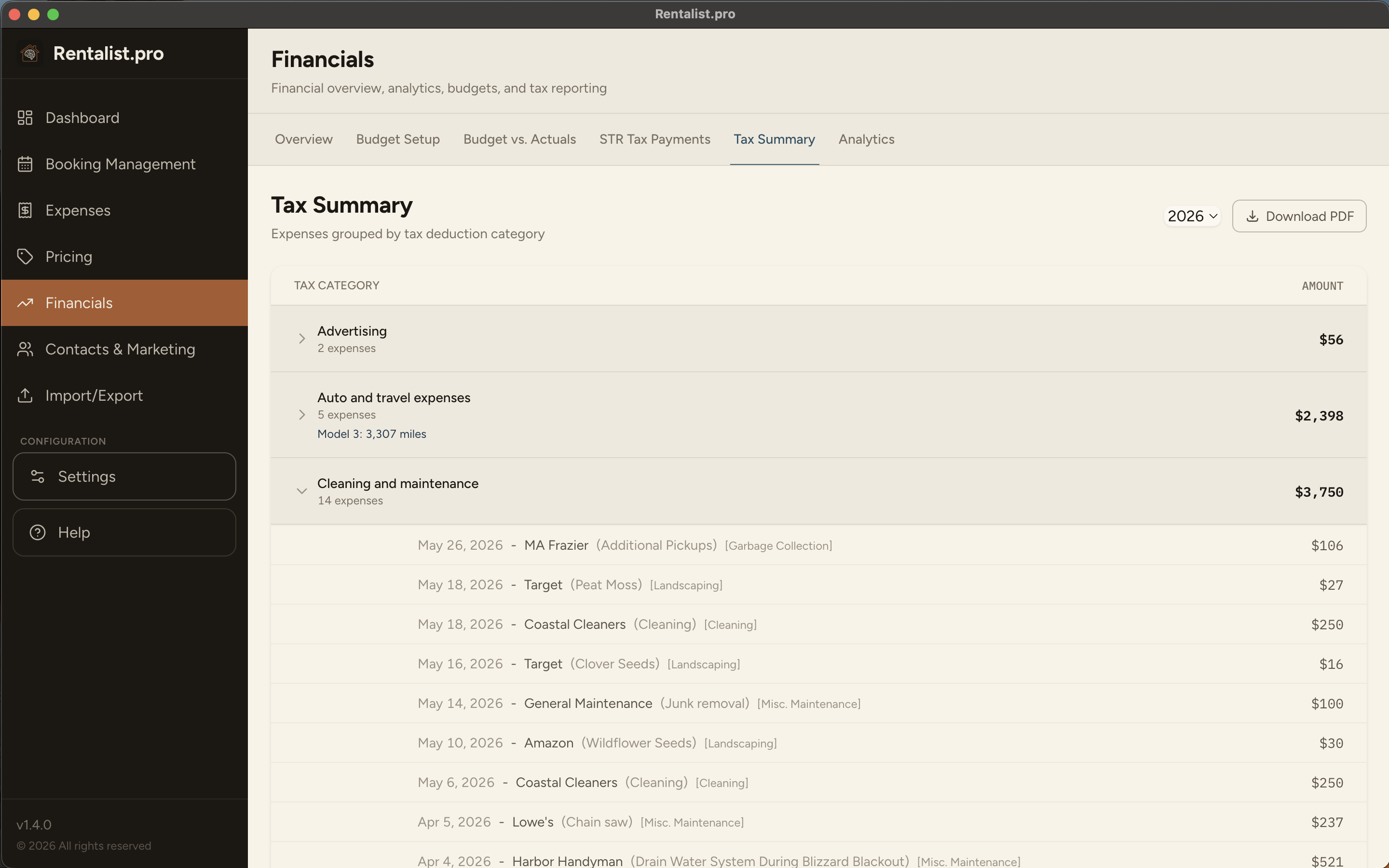 Rentalist Tax Summary — rental income and expenses grouped by IRS tax deduction category