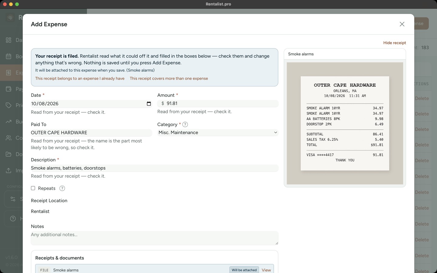 Rentalist Add Expense form showing date, amount, property, paid to, category, and receipt fields