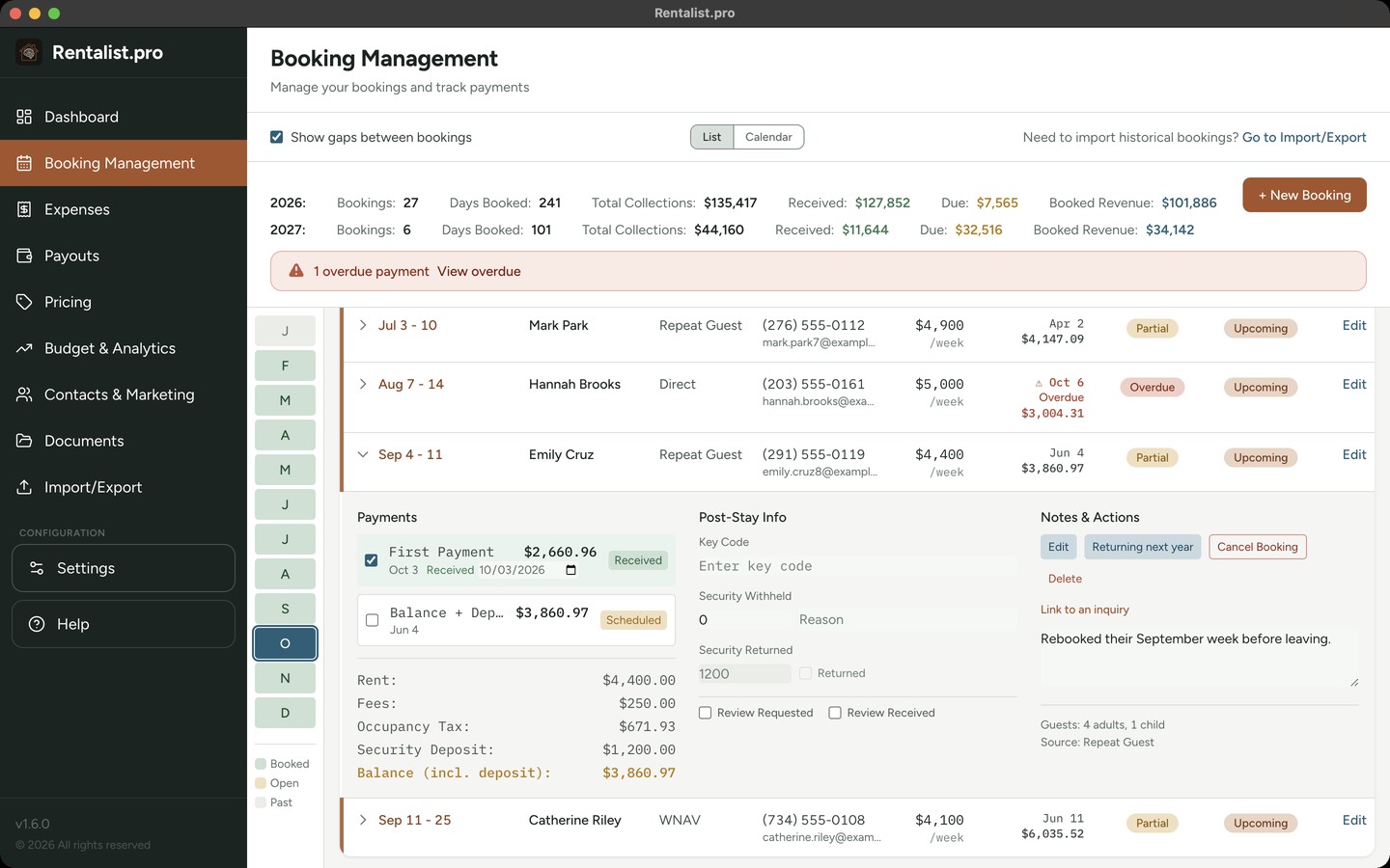 Rentalist Booking Management showing guest reservations and payment tracking