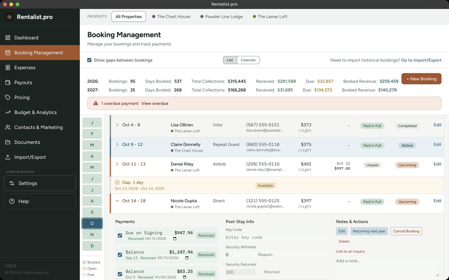 Booking Management with bookings from three properties, one of them opened to show its payments