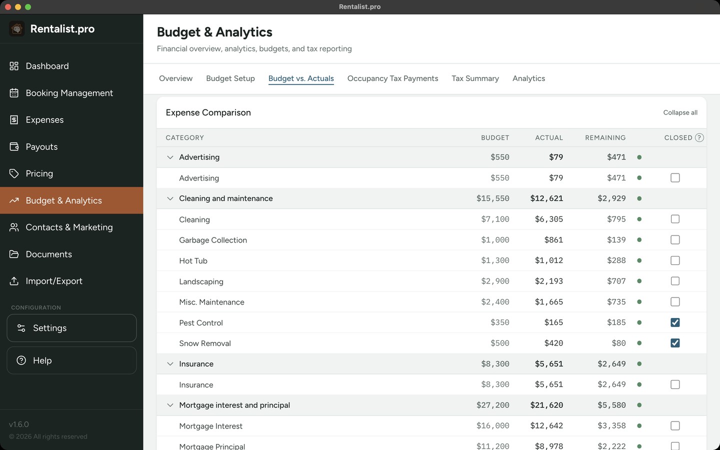 Rentalist Budget vs. Actuals: budgeted vs. booked revenue and budgeted vs. actual expenses by category