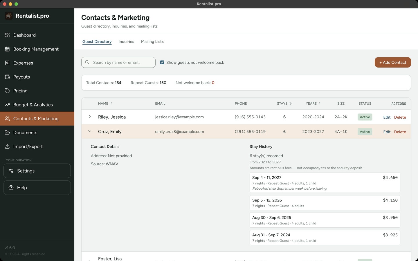 Rentalist Contact List showing guest directory with booking history