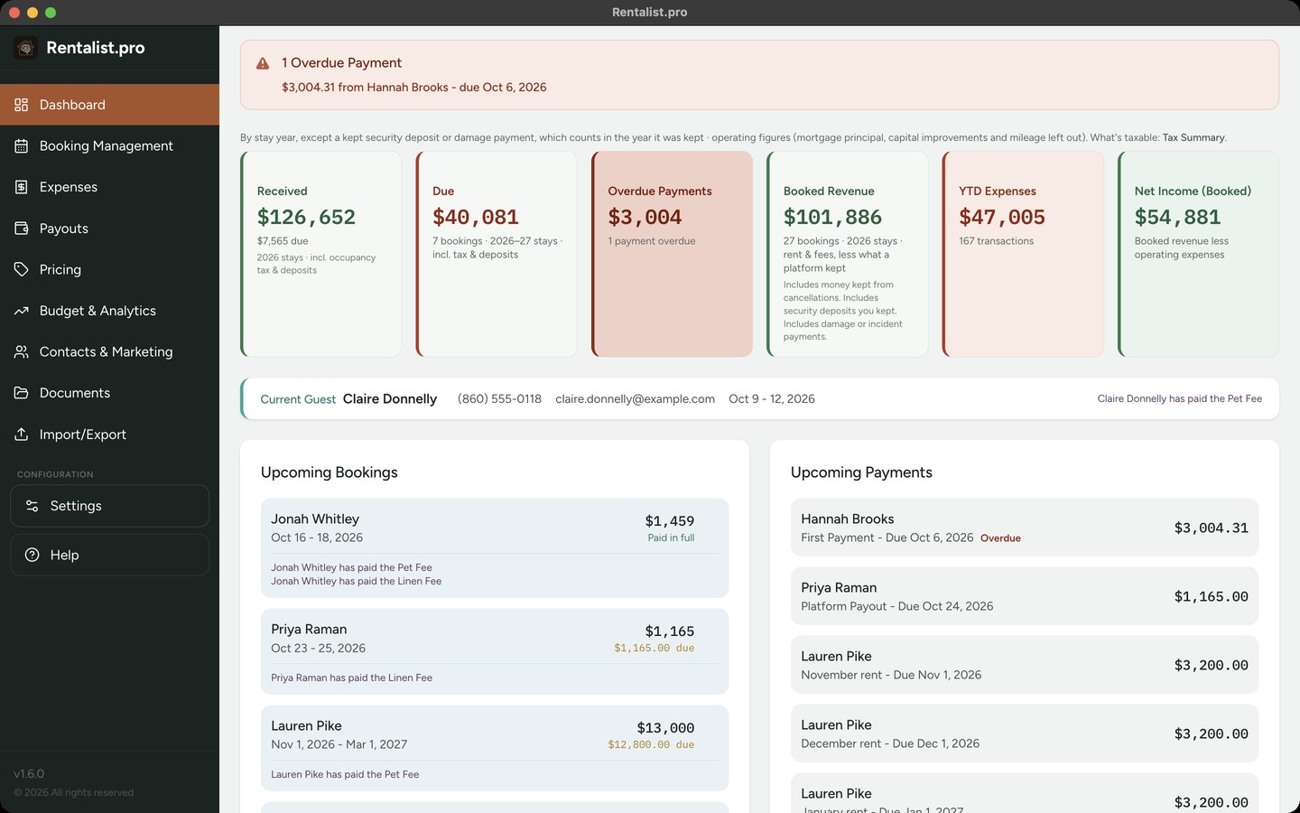 Rentalist Dashboard showing financial overview, payment tracking, and upcoming bookings