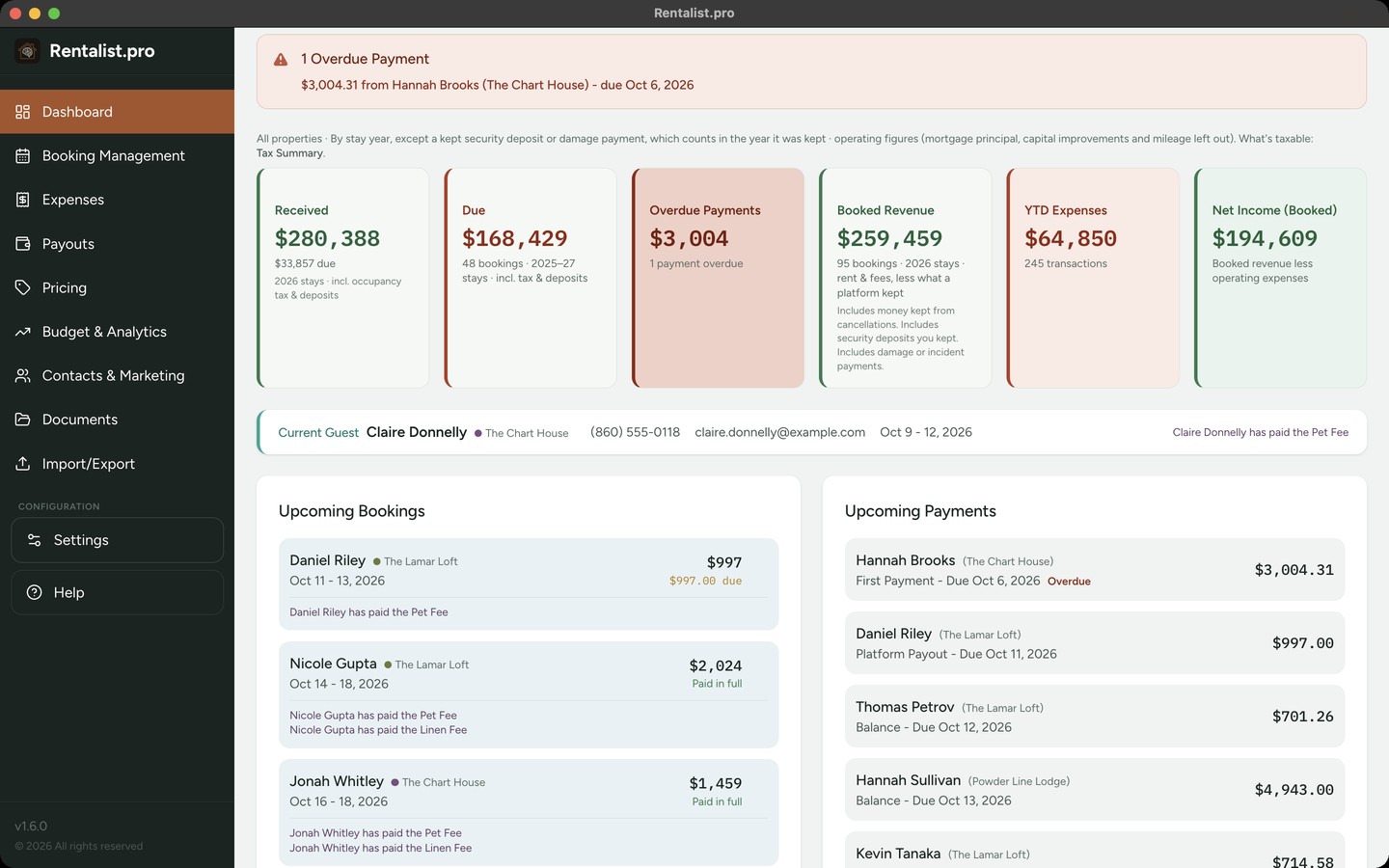 Rentalist Dashboard showing combined financial overview across three properties