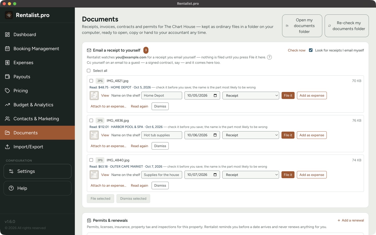Documents screen with three receipts that arrived by email, each showing what Rentalist read from it