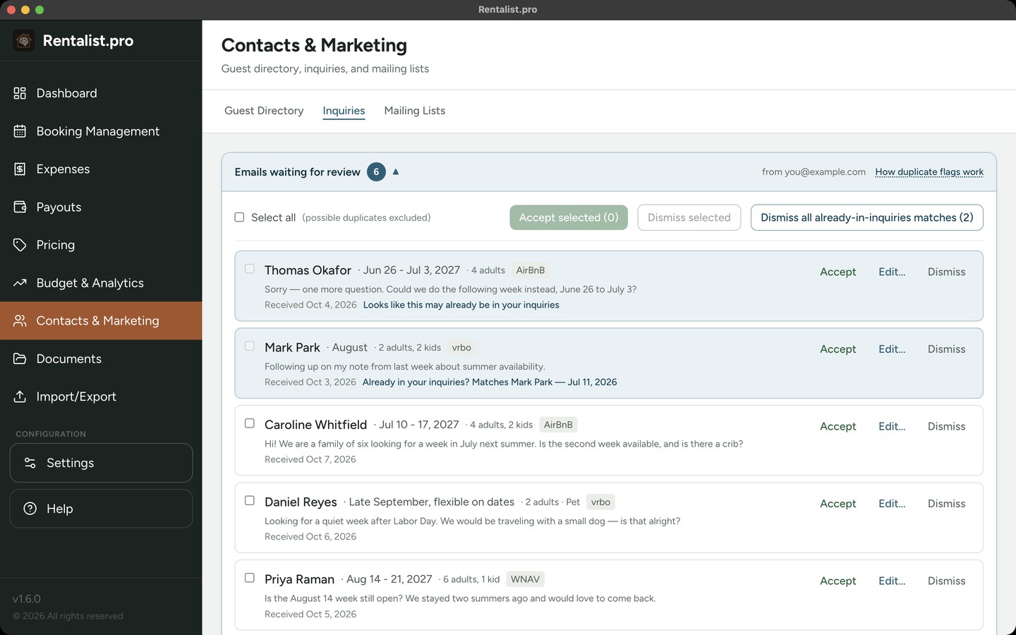 Rentalist inquiry review tray showing booking-site inquiry emails ready to accept, edit, or dismiss
