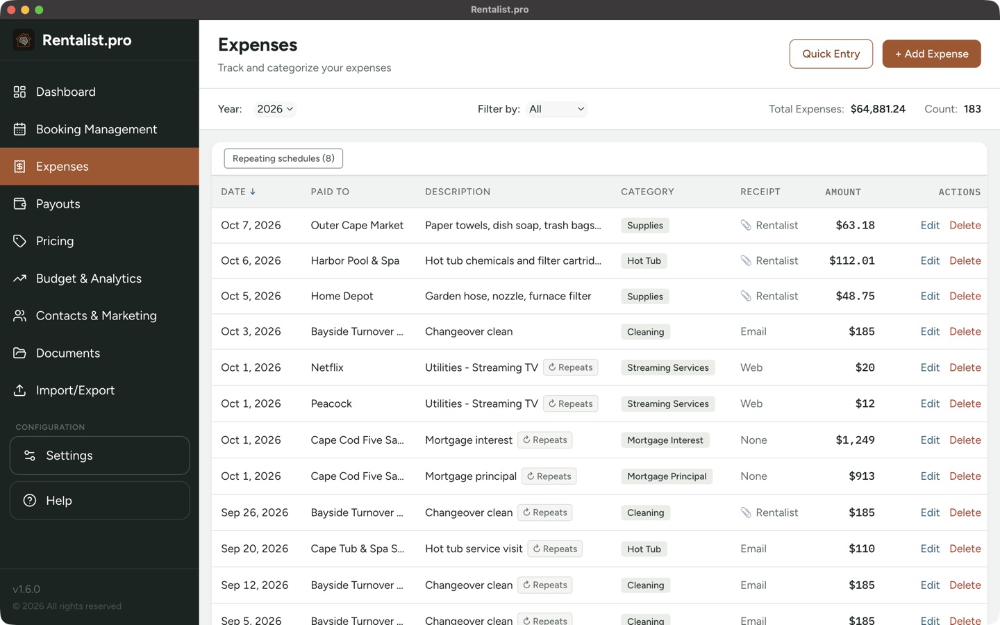 Rentalist Expenses screen showing expense ledger with tax deduction categories