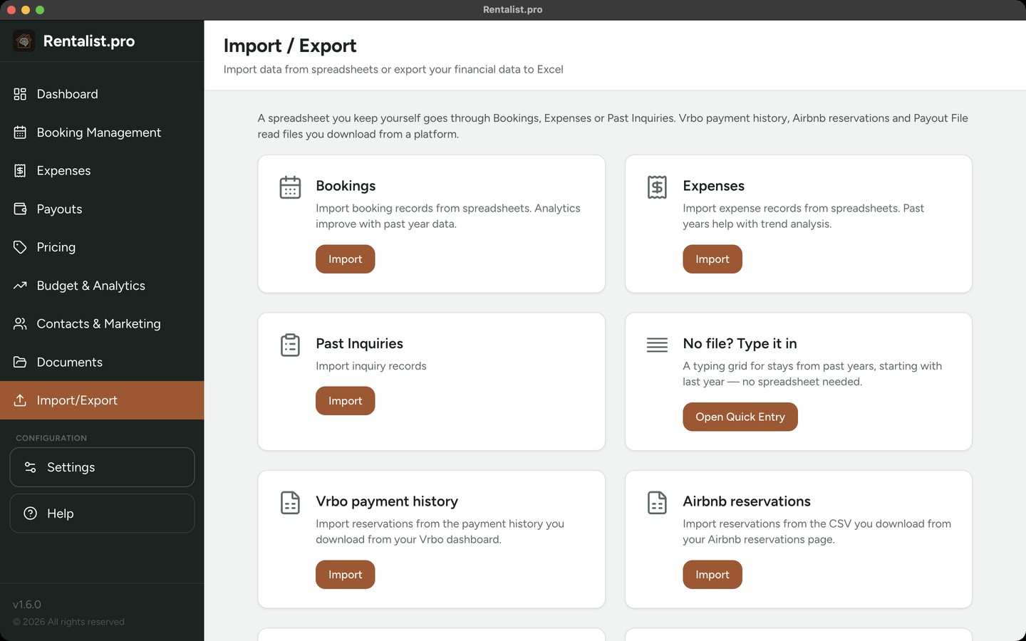 Rentalist Import and Export screen