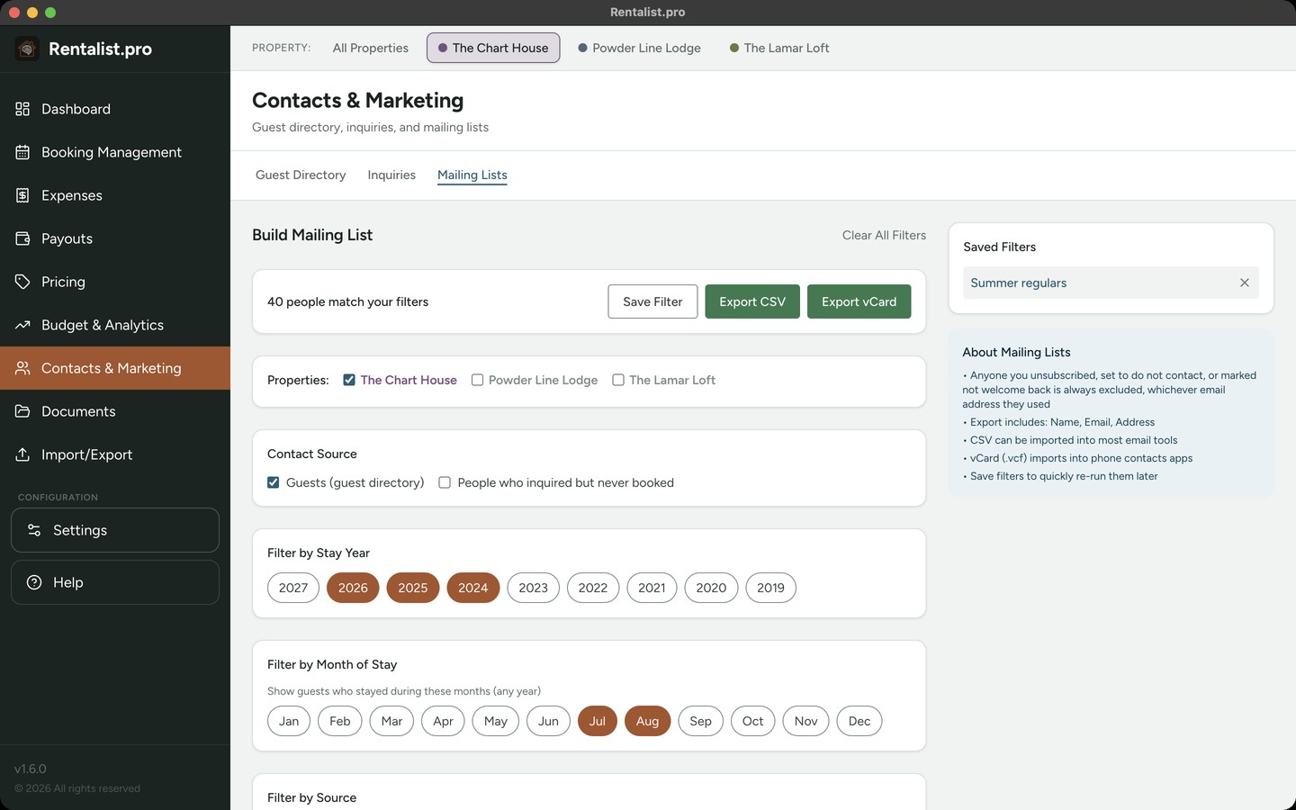 Rentalist Mailing Lists builder: filter guests by stay year, source, repeat stays, party size, and pet fee history for CSV export