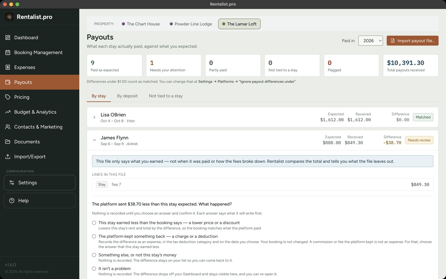 Payouts: what each stay actually paid against what it was expected to pay, with one Airbnb stay $38.70 short opened to show the line from the payout file and the answers to choose from