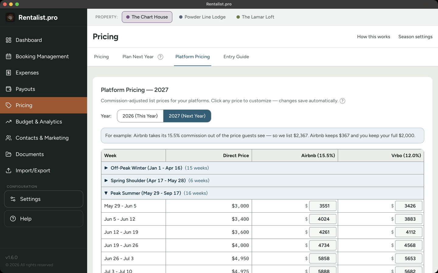 Rentalist Platform Pricing: commission-adjusted list prices for Airbnb, Vrbo, and other platforms