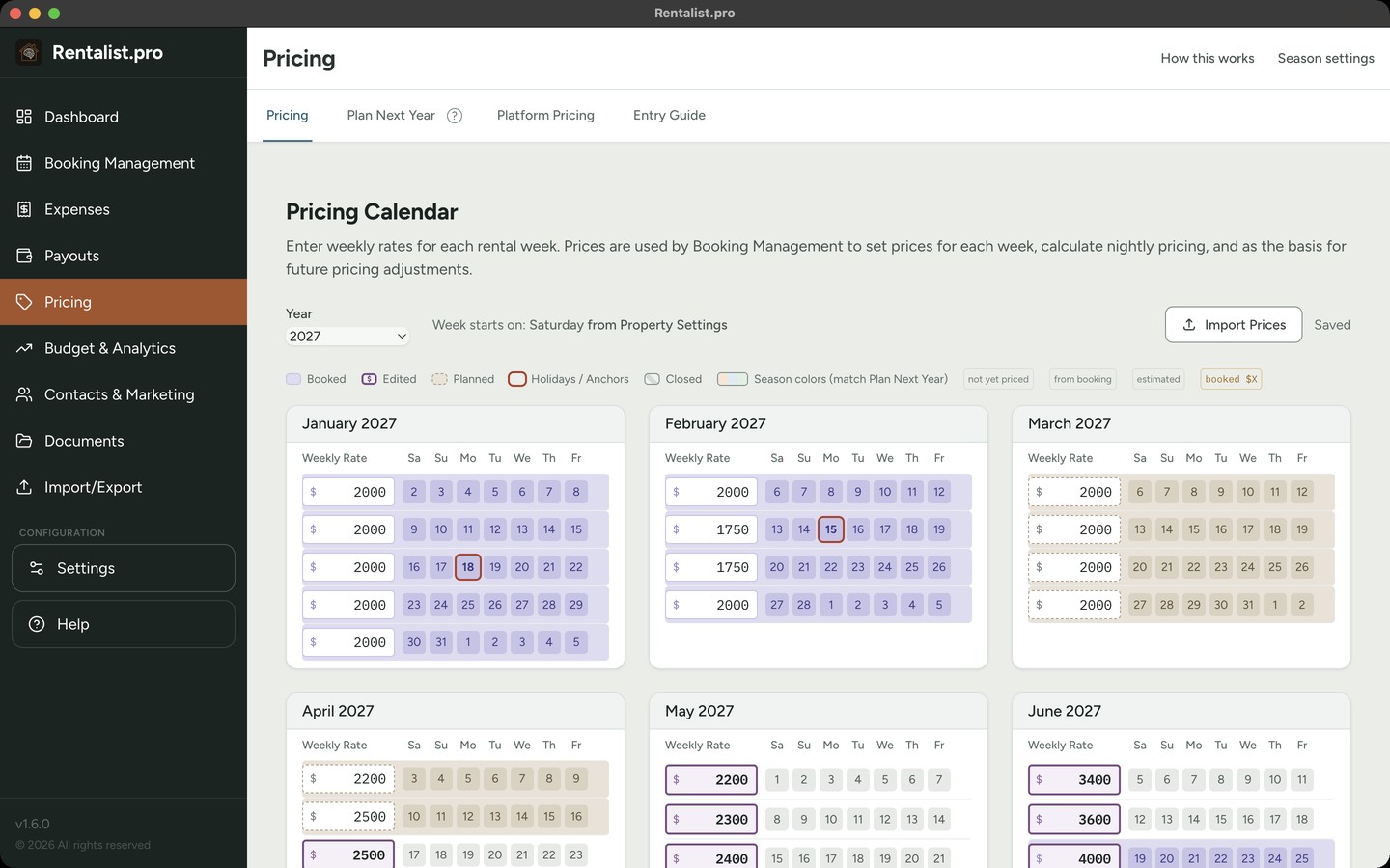 Rentalist Pricing Calendar showing weekly rates by season