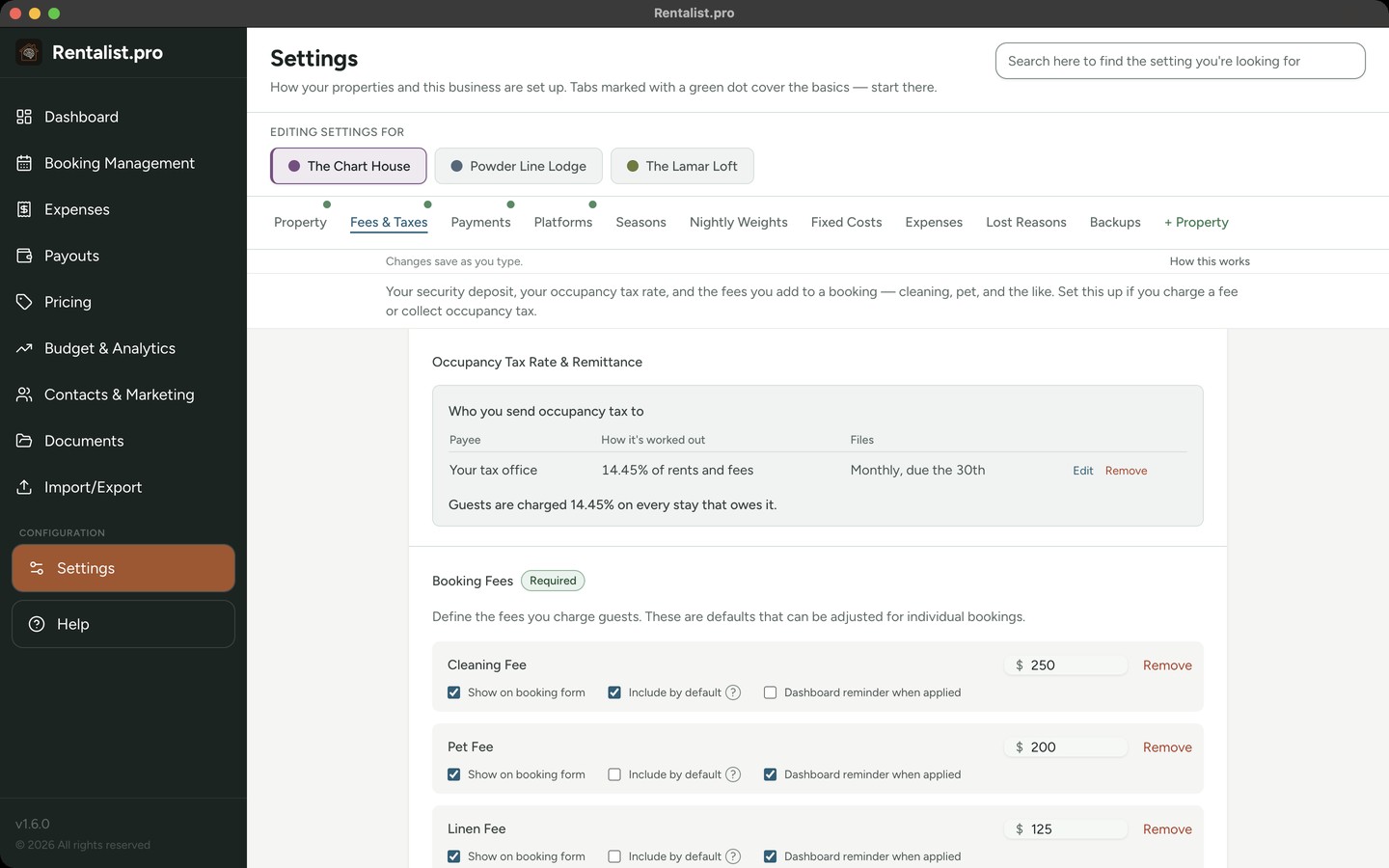 Rentalist Settings, Fees & Taxes tab: the occupancy tax rate and who it is sent to, and the booking fees with their amounts