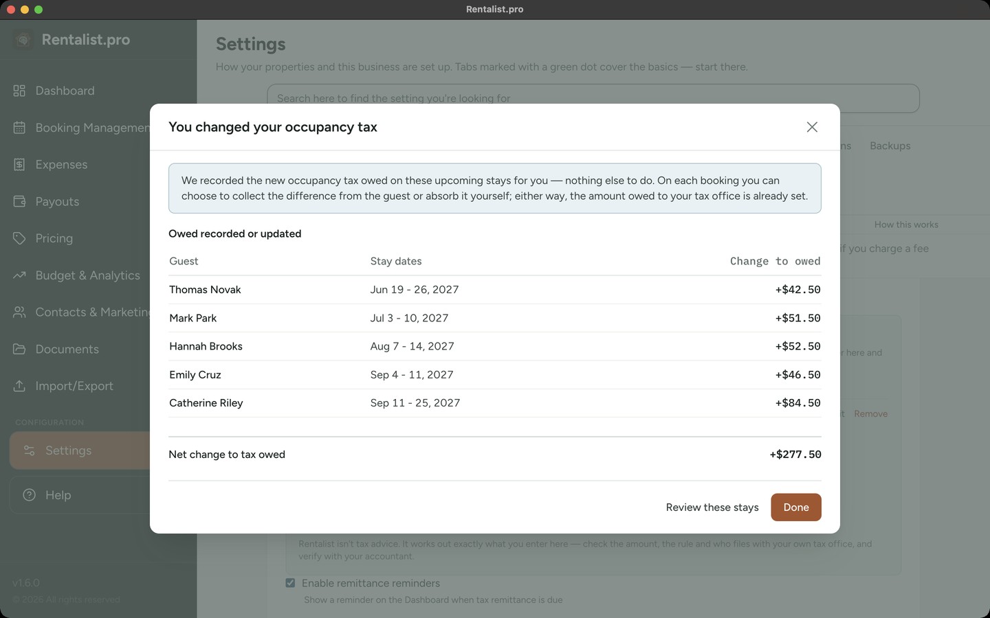 Rentalist summary after an occupancy tax rate change, listing the upcoming bookings whose tax difference was recorded automatically