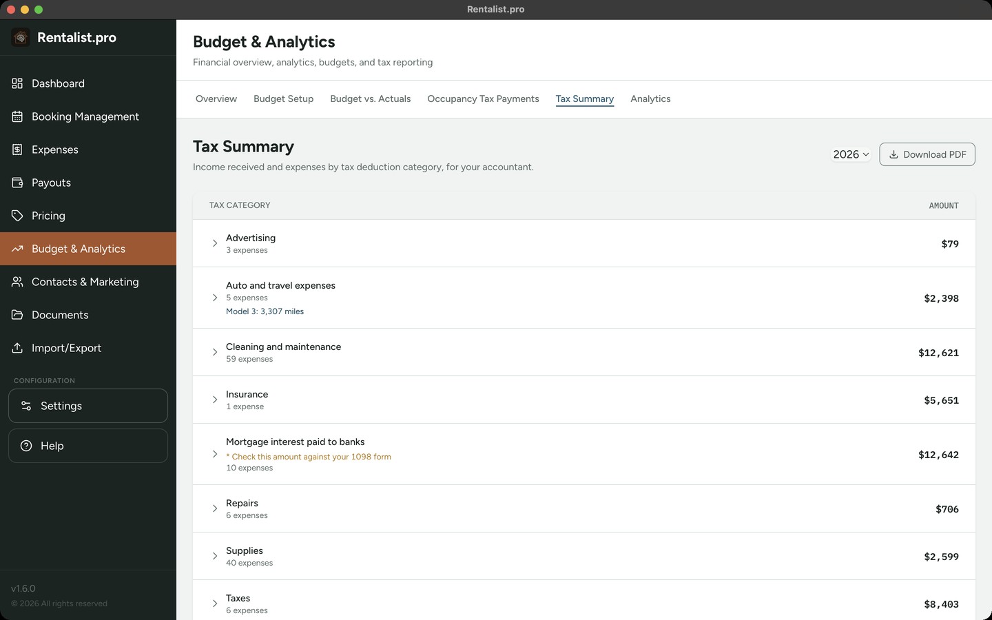 Rentalist Tax Summary: expenses grouped by tax deduction category